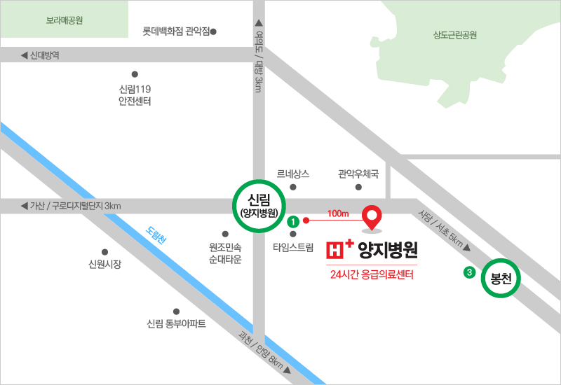 2호선 신림역 하차 1번출구로 나와 도보 5분 거리에 있습니다.